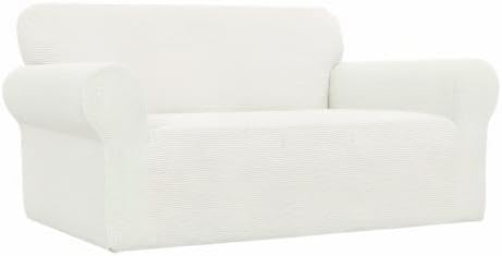 Easy-Going Stretch Loveseat Slipcover 1-Piece Sofa Cover Furniture Protector Couch Soft with Elastic Bottom for Kids Polyester Spandex Jacquard Fabric Small Checks (Loveseat, Cream)