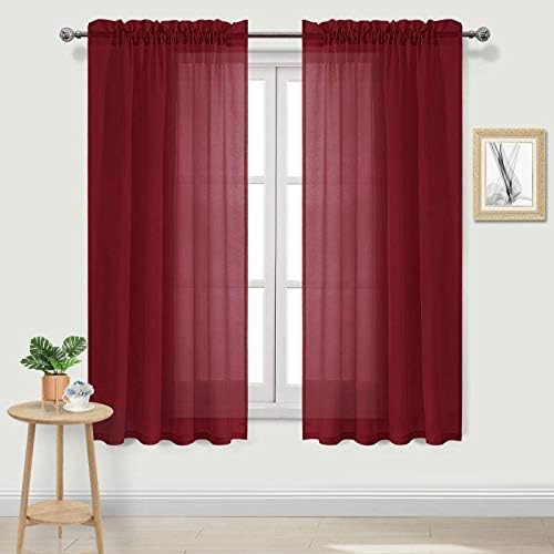 DWCN Christmas Burgundy Sheer Curtains Semi Transparent Voile Rod Pocket Curtains for Bedroom and Living Room, 52 x 72 inches Long, Set of 2 Panels