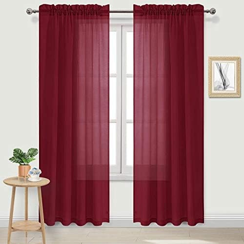 DWCN Christmas Burgundy Sheer Curtains Semi Transparent Voile Rod Pocket Curtains for Bedroom and Living Room, 52 x 84 inches Long, Set of 2 Panels