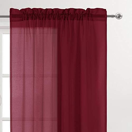 DWCN Christmas Burgundy Sheer Curtains Semi Transparent Voile Rod Pocket Curtains for Bedroom and Living Room, 52 x 45 inches Long, Set of 2 Panels