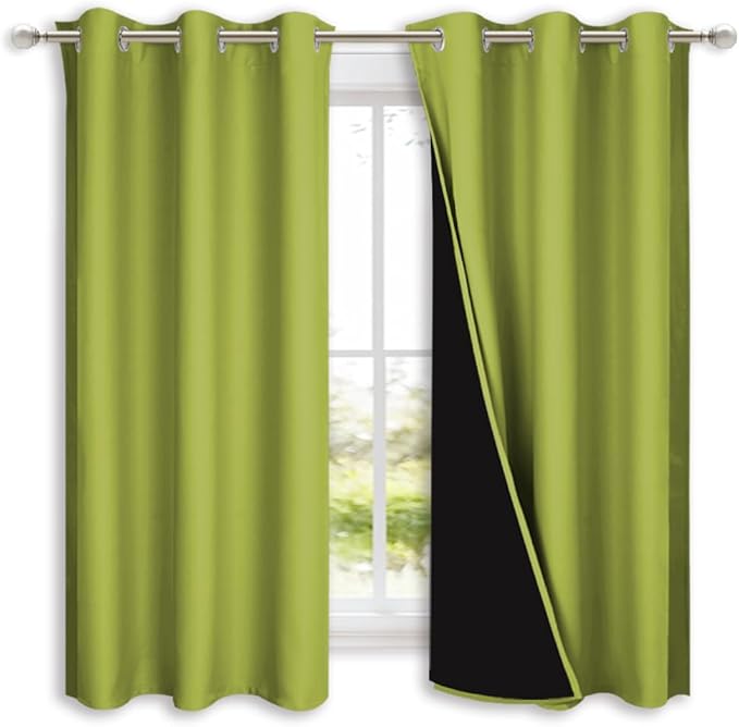 NICETOWN 100% Blackout Curtains 54 inches Long, Fresh Green, 1 Pair, 42 inches Width Each Panel, Double-Deck Completely Blackout Window Treatment Thermal Insulated Lined Drapes for Small Window