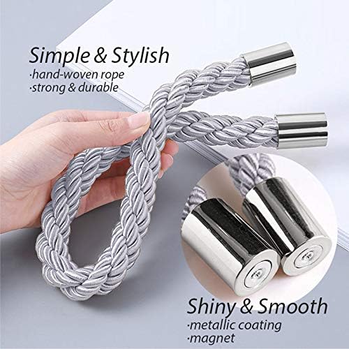 NICEEC 4 Pack Strong Magnetic Curtain Tiebacks Modern Simple Style Drape Tie Backs Convenient Decorative Weave Rope Curtain Holdbacks for Thin or Thick Home & Office Window Draperies (Light Grey)