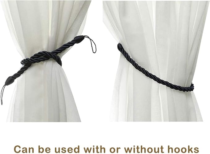 BEL AVENIR Curtain Rope Tiebacks, Drapery Rope Holdbacks with 4 Metal Screw Hooks (Navy, 4pack)