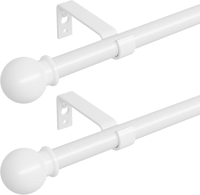Curtain Rods for Windows 28-48 inch, 2 Pack White Curtain Rod with Brackets Easy Install, Decorative Adjustable 5/8 inch Heavy Duty Curtain Rod for Bedroom, Kitchen, Living Room, Set of 2