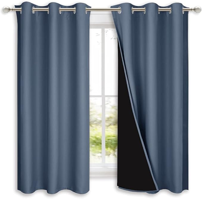 NICETOWN 100% Blackout Window Curtain Panels, Stone Blue, 2 Pieces, 37" Wide Each Panel, Heat and Full Light Blocking Drapes with Black Liner for Nursery, 50" Drop Thermal Insulated Draperies