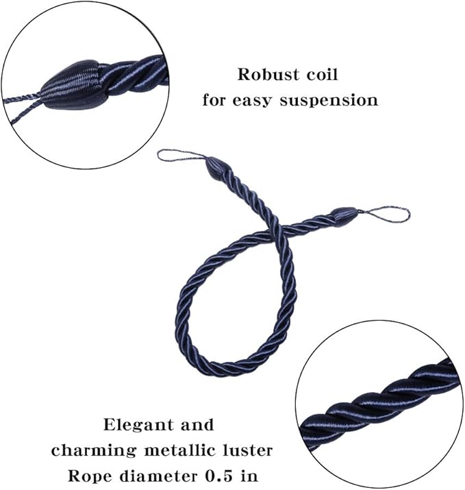 BEL AVENIR Curtain Ropes Tiebacks Tie-Backs Curtain Handmade Holdbacks with 2 Metal Screw Hooks (Navy, 2pack)