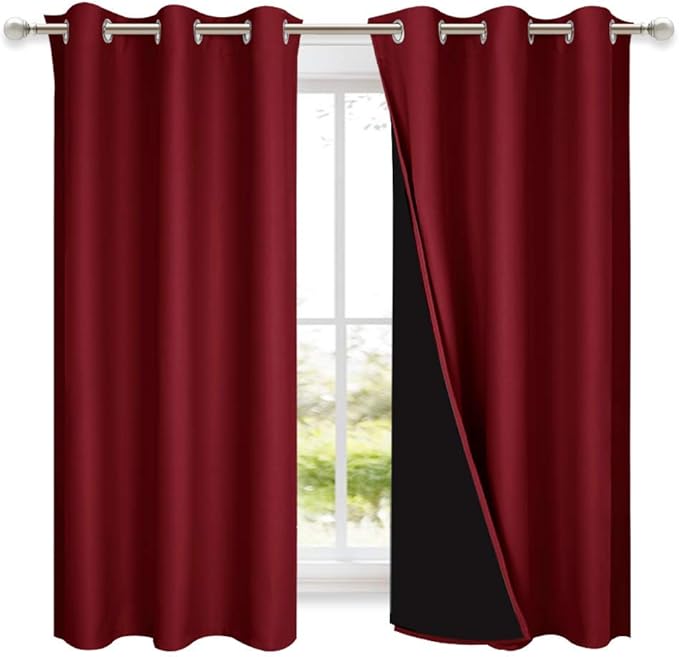 NICETOWN 100% Blackout Short Curtains with Black Liners, 2 Panels, 37" W by 63" L, Burgundy Red, Solid Thermal Insulated Full Blackout 2-Layer Lined Drapes, Energy Efficiency Window Drapes for Bedroom