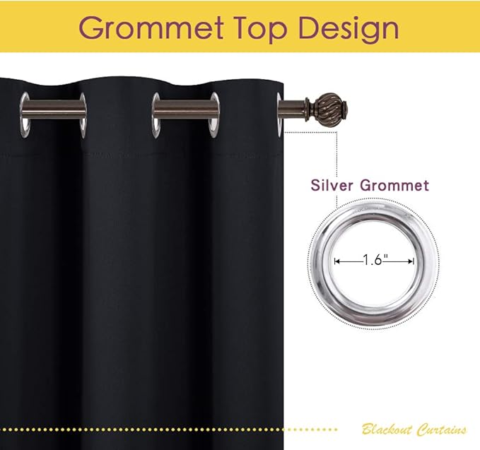 NICETOWN Bathroom Blackout Curtains and Drapes, Black Solid Thermal Insulated Grommet Blackout Drapery Panels for Window (2 Panels, 70 inches Wide by 54 inches Long, Black)