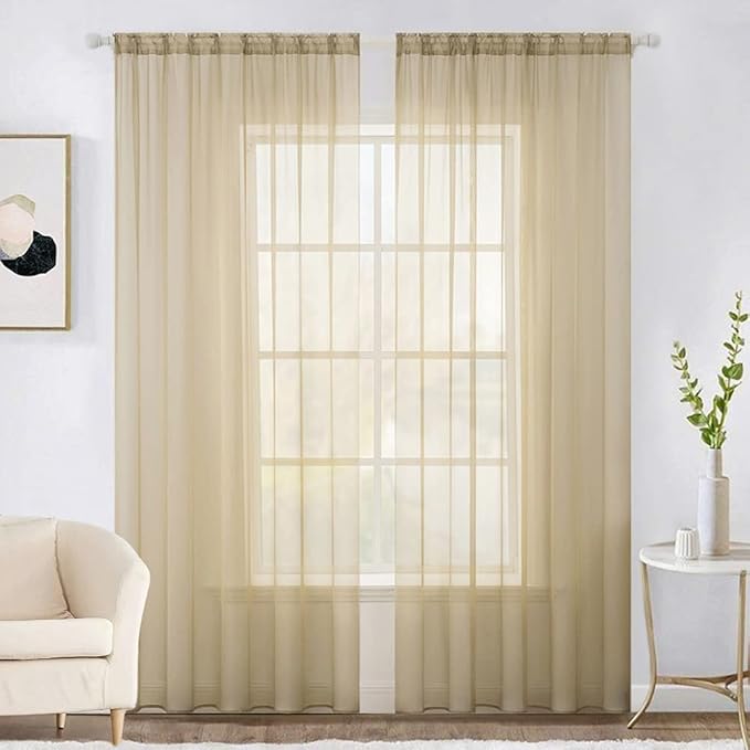 MIULEE 2 Panels Solid Color Sheer Window Curtains Elegant Window Voile Panels/Drapes/Treatment for Bedroom Living Room (54X72 Inches Beige)