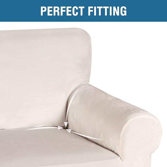 H.VERSAILTEX Stretch Velvet Loveseat Covers for 2 Cushion Couch Covers for Living Room Sofa Covers Slipcovers with Non Slip Straps Bottom, Ultra Thick Comfy Velour (Width 58"-72", Ivory)
