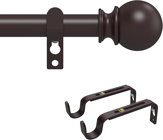 Curtain Rods for Windows 30 to 75 Inch, 5/8 Inch Heavy Duty Decorative Curtain Rod with Ball End Caps, Adjustable Brackets. Easy to install. Brown.