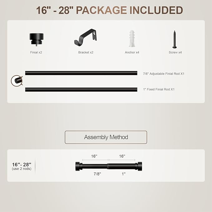 Lootkell Modern Black Curtain Rods for Windows 16 to 28 Inches Adjustable Length Heavy Duty 1" Diameter Window Curtain Rod with Decorative Finials for Outdoor Farmhouse Bedroom Kitchen Living Room