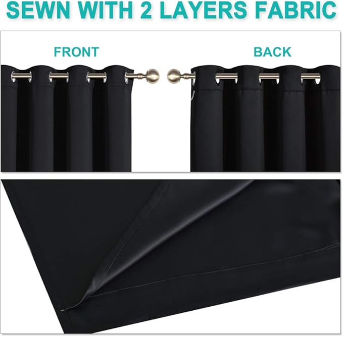 NICETOWN 100% Blackout Window Curtain Panels, Full Light Blocking Drapes with Black Liner for Nursery, 72 inches Drop Thermal Bedroom Drapes and Curtains (Black, 2 Pieces, 62 inches Wide Per Panel)