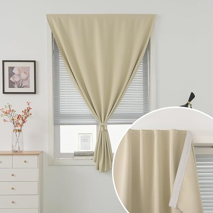 Self Adhesive Portable Blackout Curtains for Bedroom Easy to Install Window Thermal Lnsulated Kitchen Room Darkening Small Window Curtains, 59" W X 96" L, Beige, 1 Panel