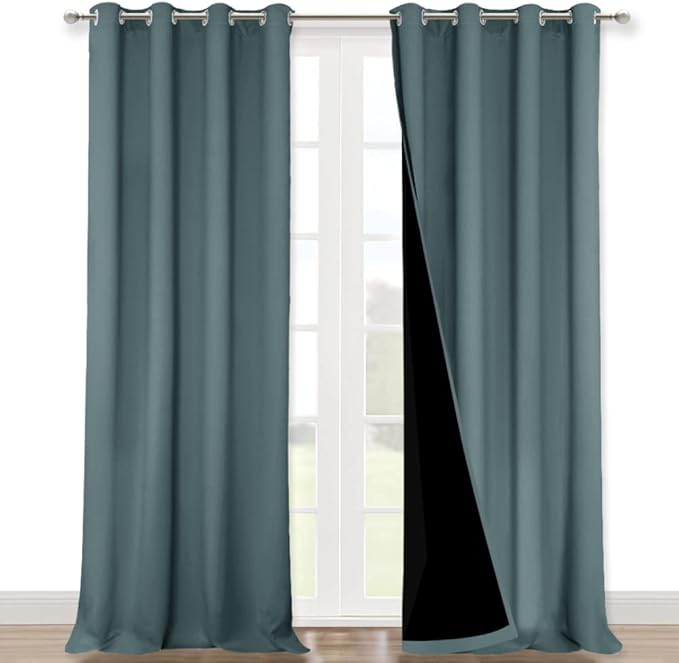 NICETOWN 100% Blackout Blinds, Set of 2, 46" x 96", Greyish Blue, Laundry Room Decor Window Treatment Curtains for Large Patio Sliding Door, Thermal Insulated Curtains for Bedroom