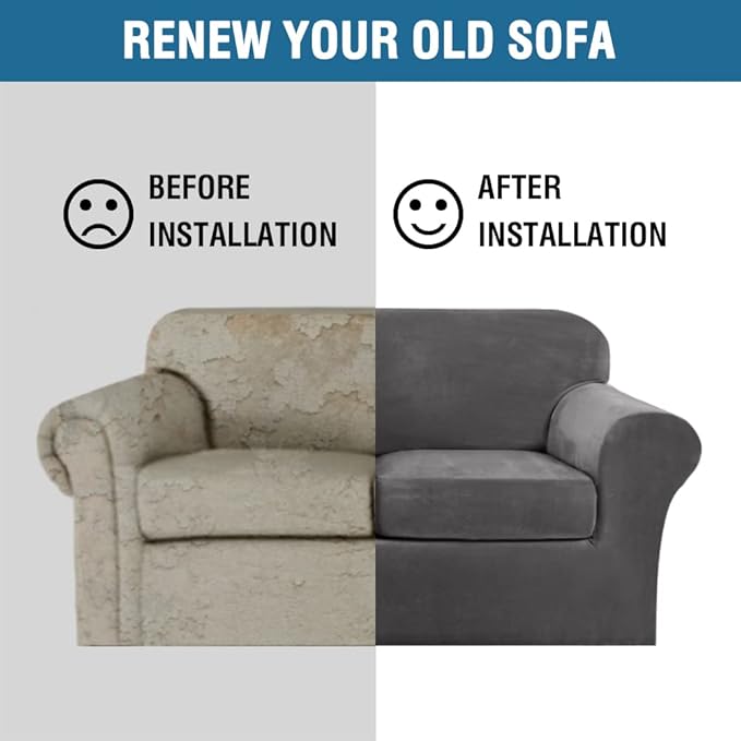 H.VERSAILTEX Real Velvet Plush 3 Piece Stretch Sofa Covers Couch Covers for 2 Cushion Couch Sofa Slipcovers Width Up to 90 Inch Feature Thick Soft Stay in Place (Large Sofa, Grey)