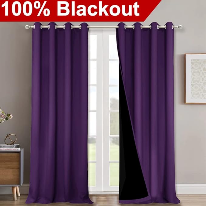 NICETOWN Full Shading Curtains 90 inches Long 2 Panels Set for Windows, Royal Purple, 52 inches W, Super Heavy-Duty Black Lined Blackout Curtains for Bedroom, Privacy Assured Window Treatment