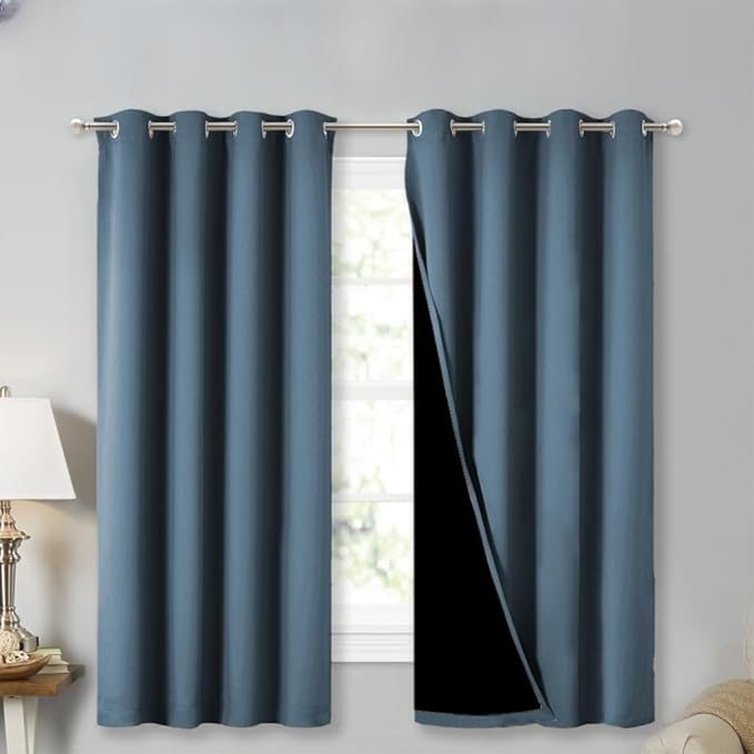 NICETOWN 100% Blackout Curtains 45" Long, Smoky Blue, 1 Pair, 52" Width Each Panel, 2 Thick Layers Completely Blackout Window Treatment Thermal Insulated Lined Drapes for Small Window