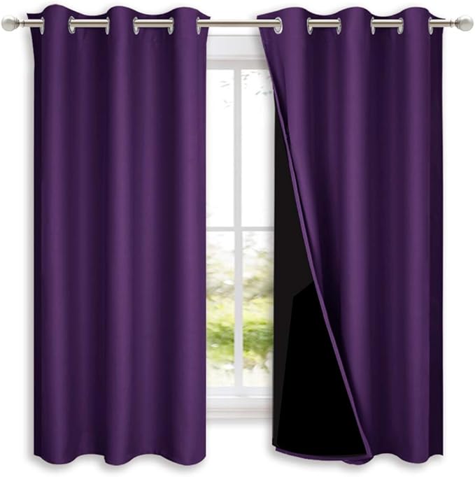 NICETOWN Room Warming 100% Blackout Curtain Panels, Black Liner Curtains for Kitchen Room, Noise Reducing and Cold Blocking Drapes for Windows (Set of 2, Royal Purple, 42-inch Wide by 63-inch Long)