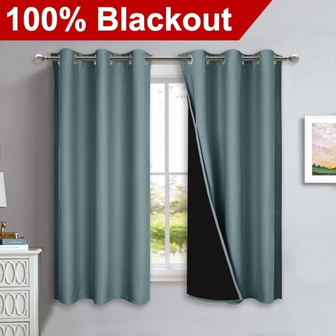 NICETOWN 100% Blackout Short Curtains with Black Liners, 2 Panels, 37" W by 60" L, Greyish Blue, Solid Thermal Insulated Full Blackout 2-Layer Lined Drapes, Energy Efficiency Window Drapes for Bedroom