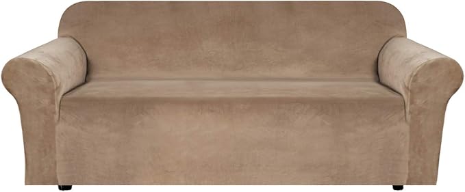 H.VERSAILTEX Stretch Velvet Sofa Covers for 3 Cushion Couch Covers Sofa Slipcovers Furniture Protector Soft with Non Slip Elastic Bottom, Crafted from Thick Comfy Rich Velour (Sofa 72"-90", Camel)