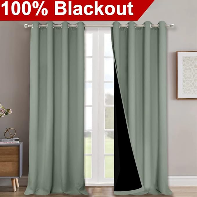 NICETOWN Full Shading Curtains 90 inches Long 2 Panels Set for Windows, Super Heavy-Duty Black Lined Blackout Curtains for Bedroom, Privacy Assured Window Treatment (Greyish Green, 52 inches W)