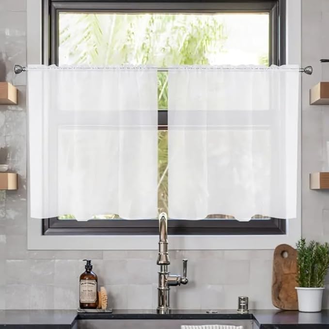 youleyar Solid Sheer Rod Pocket Curtain Voile Draperies 2 Panels White Beige Black Grey Coffee 26 Inch Width 40 Inch Long 1 Pair for Kitchen Bedroom Children Living Room Yard(White,26Wｘ40L)