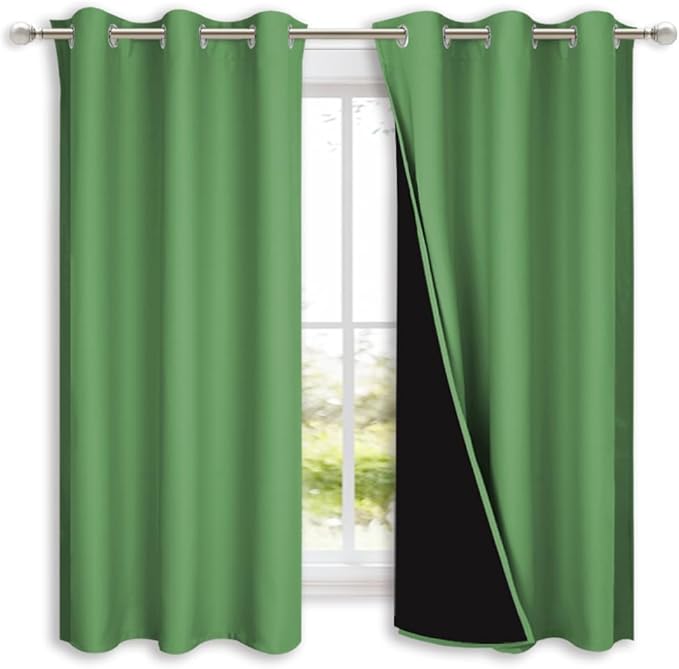 NICETOWN 100% Blackout Lined Curtains, Forest Green, 1 Pair, 42" Width x 63" Length Each Panel, 2 Thick Layers Completely Blackout Window Treatment Panels Thermal Insulated Drapes for Kitchen