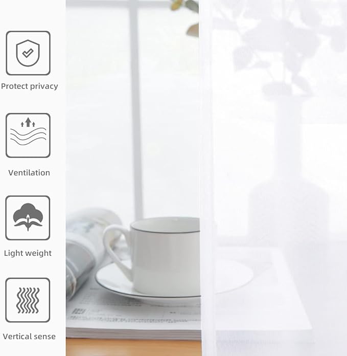 youleyar Sheer Rod Pocket Curtain Voile Draperies 2 Panels White Beige Black Grey Coffee 52 Inch Width 54 Inch Long 1 Pair for Kitchen Bedroom Children Living Room Yard (Optical White,52Wｘ54L)