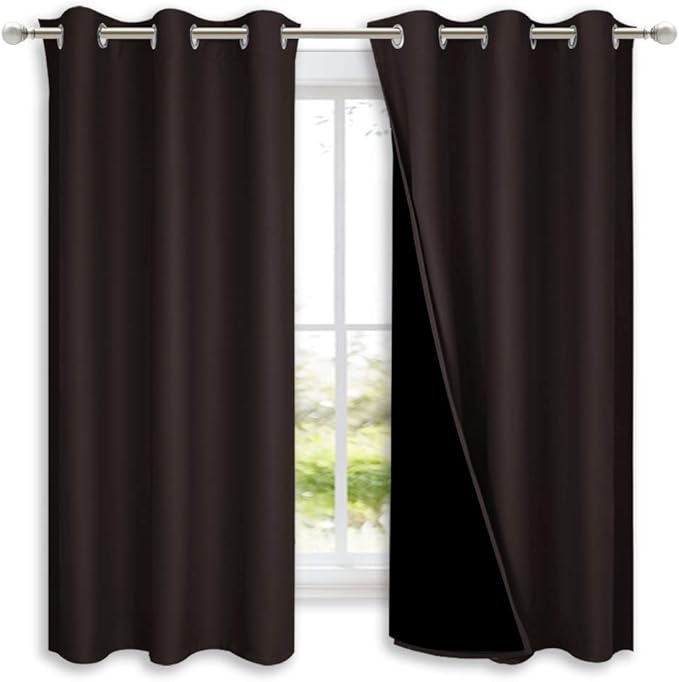 NICETOWN 100% Blackout Short Curtains with Black Liners, 2 Panels, 37" W by 63" L, Toffee Brown, Solid Thermal Insulated Full Blackout 2-Layer Lined Drapes, Energy Efficiency Window Drapes for Bedroom