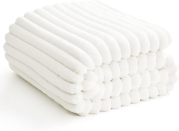 HIMEET Off White Ribbed King Size Blanket for Bed - 300GSM Lightweight Fleece Blanket for Men Women, Large Cozy Sofa Couch Bed Blankets Gifts, Striped Spring Home Room Decor, Off White, 108x90 Inches
