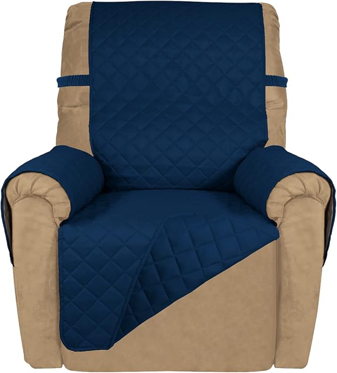 PureFit Reversible Quilted Oversized Recliner Sofa Cover, Water Resistant Furniture Protector, Washable Couch Cover with Elastic Straps for Kids, Pets (Small, Navy/Navy)