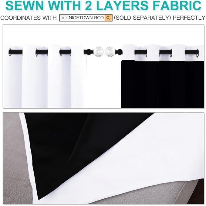 NICETOWN 100% Blackout Window Curtain Panels, Full Light Blocking Drapes with Black Liner for Nursery, 72-inch Drop Thermal Insulated Draperies (White, 2 Pieces, 42-inch Wide Per Panel)