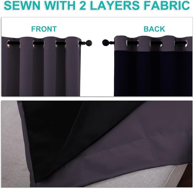 NICETOWN 100% Blackout Curtains 45 inches Long, Greyish Purple, 1 Pair, 42 inches Width Each Panel, 2 Thick Layers Completely Blackout Window Treatment Thermal Insulated Lined Drapes for Small Window