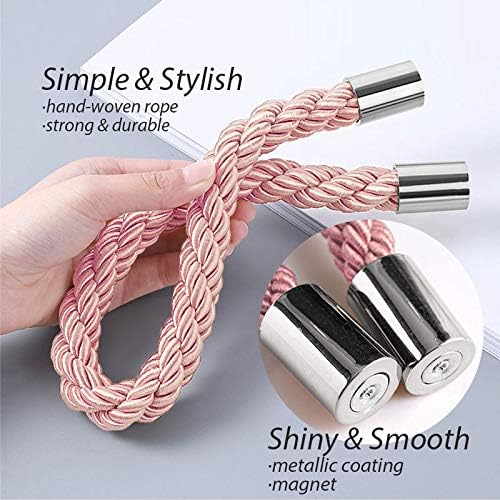 NICEEC 4 Pack Strong Magnetic Curtain Tiebacks Modern Simple Style Drape Tie Backs Convenient Decorative Weave Rope Curtain Holdbacks for Thin or Thick Home & Office Window Draperies (Pink)