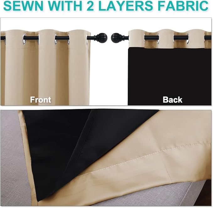 NICETOWN Living Room Completely Shaded Draperies, Privacy Protection & Noise Reducing Ring Top Drapes, Black Lined Insulated Window Treatment Curtain Panels(Biscotti Beige, 2 Pieces, W42 x L72)