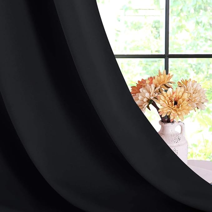 NICETOWN Blackout Curtain Panels 70 inches Length, Set of 2, 34 inches Wide, Black, Light Reducing Thermal Insulated Solid Grommet Room Darkening for Bedroom/Night Shift