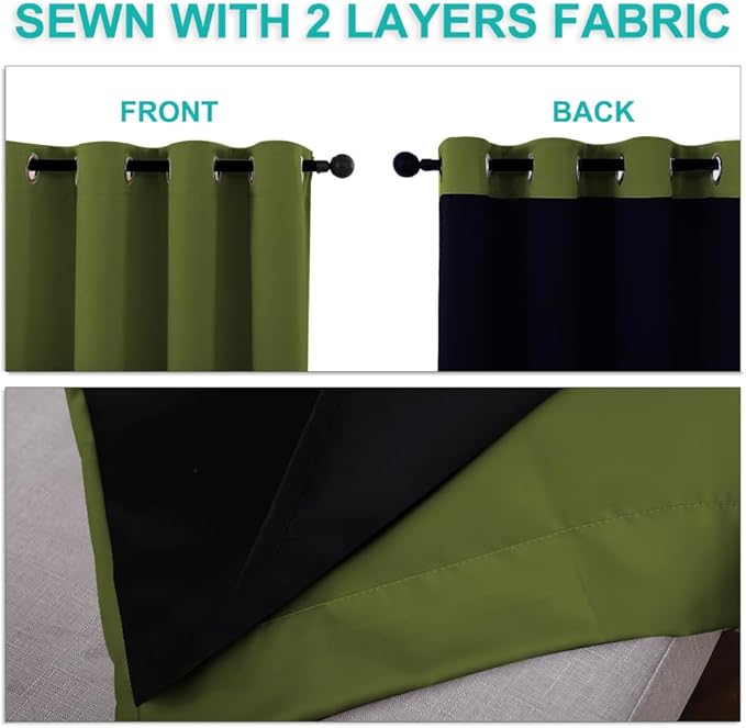 NICETOWN 100% Blackout Short Curtains with Black Liners, 2 Panels, 37" W by 50" L, Olive Green, Solid Thermal Insulated Full Blackout 2-Layer Lined Drapes, Energy Efficiency Window Drapes for Bedroom