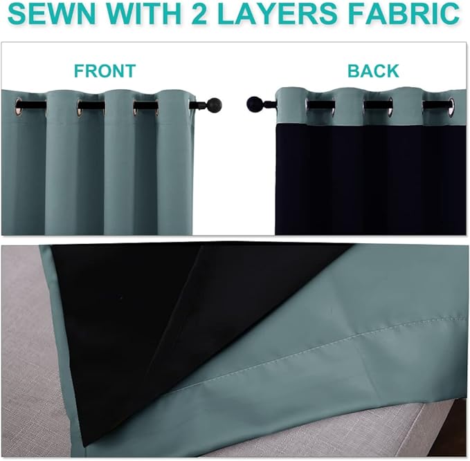 NICETOWN 100% Blackout Curtains 57 inches Long, Double-Deck Completely Blackout Window Treatment Thermal Insulated Lined Drapes for Small Window (Greyish Blue, 1 Pair, 55 inches Width Each Panel)