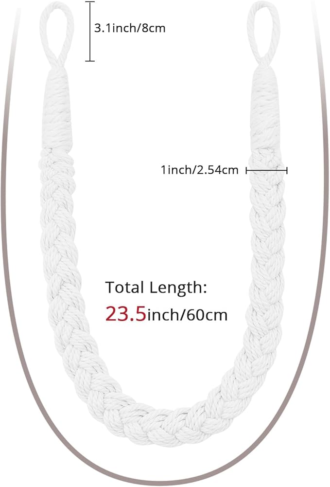 NICEEC 2 Pack Natural Cotton Rope Curtain Tiebacks Elegant Boho Style Decorative Drape Tie Backs Soft Hand-Woven Rope Curtain Holdbacks with Metal Hook for Home & Office Drapery (White)