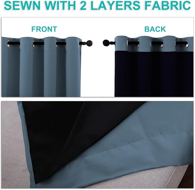 NICETOWN 100% Blackout Window Curtain Panels, Smoky Blue, 2 Pieces, 52-inch Wide Per Panel, Full Light Blocking Drapes with Black Liner for Nursery, 72-inch Drop Thermal Insulated Draperies