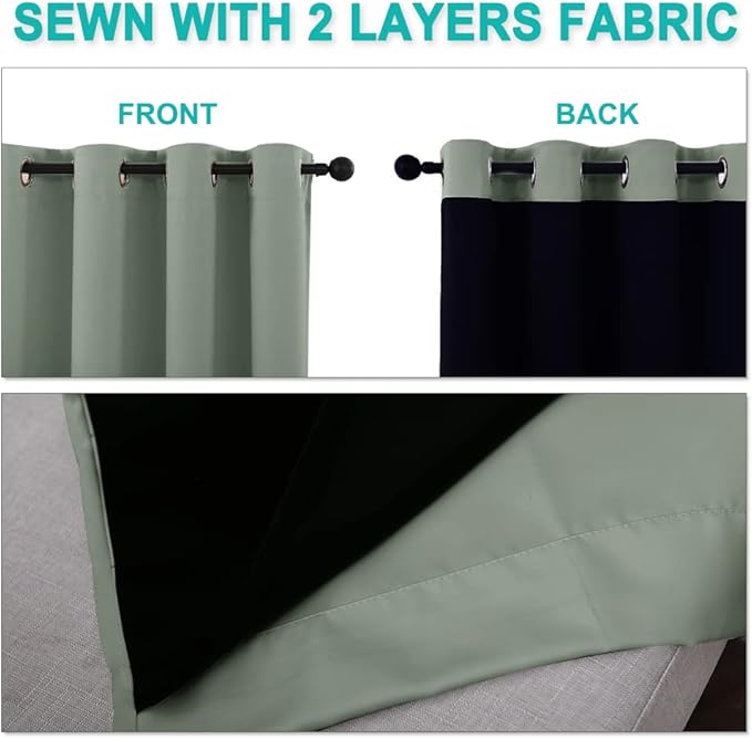 NICETOWN Full Shading Curtains 90 inches Long 2 Panels Set for Windows, Super Heavy-Duty Black Lined Blackout Curtains for Bedroom, Privacy Assured Window Treatment (Greyish Green, 52 inches W)