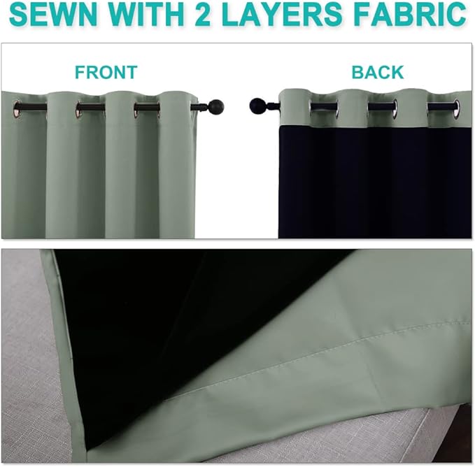 NICETOWN Greyish Green Blackout Curtains 80 inches Long, Full Light Blocking Drapes with Black Liner for Nursery, Thermal Insulated Draperies for Hall, Villa (2 Pieces, 42" Wide Each Panel)
