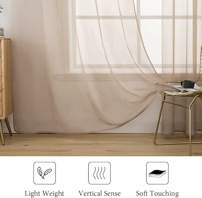MIULEE 2 Panels Solid Color Sheer Window Curtains Elegant Window Voile Panels/Drapes/Treatment for Bedroom Living Room (54X90 Inches Brown)
