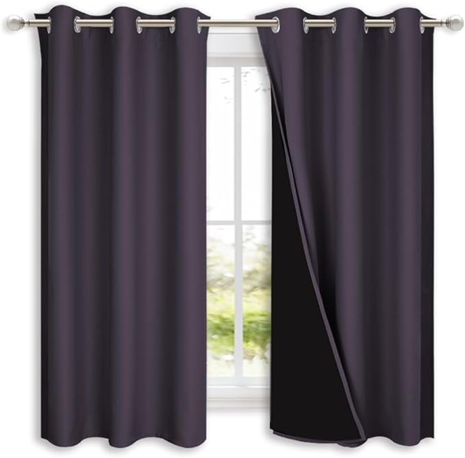 NICETOWN 100% Blackout Short Curtains with Black Liners, 2 Panels, 37" W by 60" L, Greyish Purple, Thermal Insulated Full Blackout 2-Layer Lined Drapes, Energy Efficiency Window Drapes for Bedroom