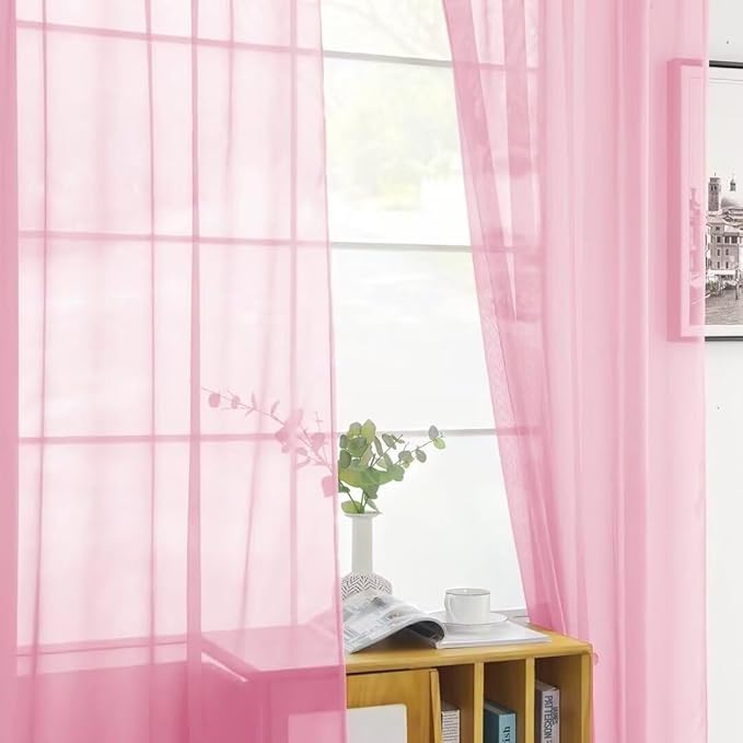 youleyar Solid Sheer Rod Pocket Curtain Voile Draperies 2 Panels White Beige Black Grey Coffee 52 Inch Width 90 Inch Long 1 Pair for Kitchen Bedroom Children Living Room Yard(Light Pink,52Wｘ90L)