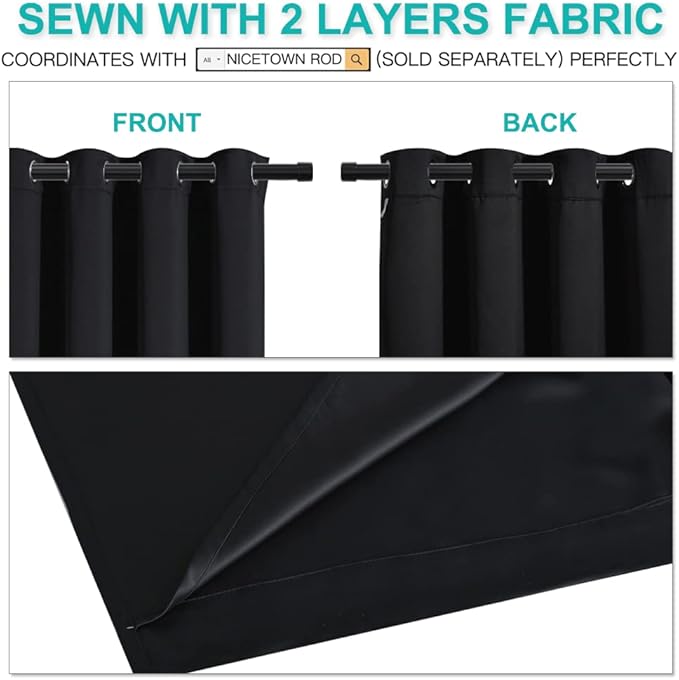 NICETOWN 100% Blackout Window Curtain Panels, Full Light Blocking Drapes with Black Liner for Nursery, 72 inches Drop Thermal Bedroom Drapes and Curtains (Black, 2 Pieces, 52 inches Wide Per Panel)
