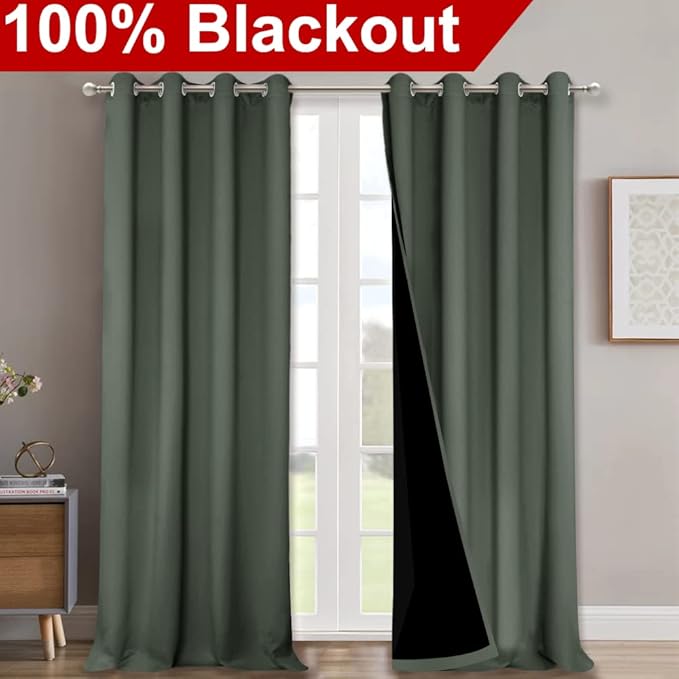 NICETOWN Dark Mallard 100% Blackout Curtains for Windows, Super Heavy-Duty Black Lined Total Darkness Drapes for Bedroom, Privacy Assured Window Treatment for Patio (2 PCs, 52 inches W x 108 inches L)