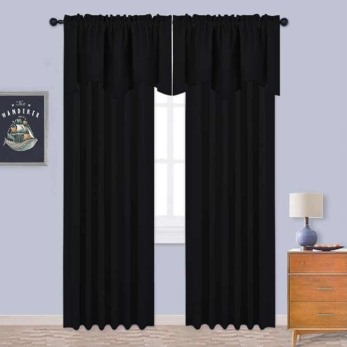 NICETOWN 2 Panels Blackout Valances Farmhouse Kitchen Window Treatment Thermal Insulated Room Darkening RV Camper Valances Rod Pocket for Kitchen/Bedroom/Office, 42 x 18 inch Long, Black