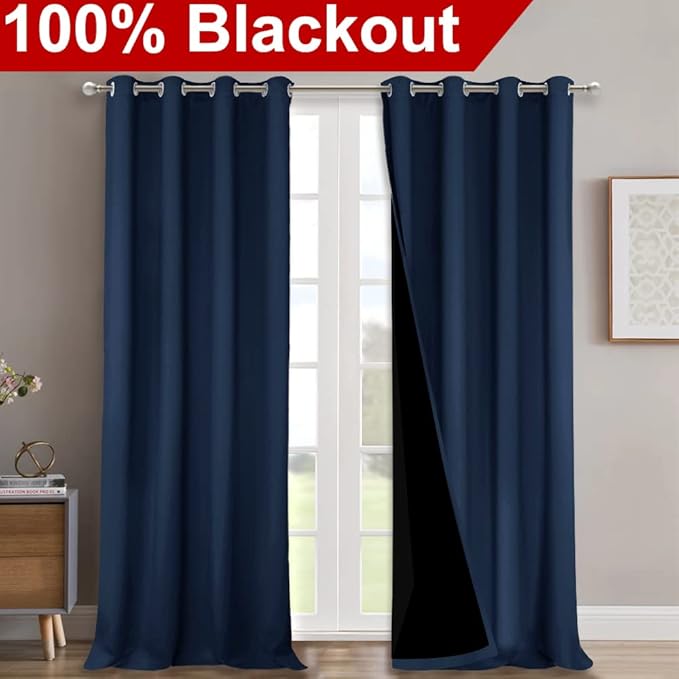 NICETOWN 100% Blackout Curtain Set, Thermal Insulated & Energy Efficiency Window Draperies for Guest Room, Full Shading Panels for Shift Worker and Light Sleepers, Navy Blue, 52W x 120L, 2 PCs